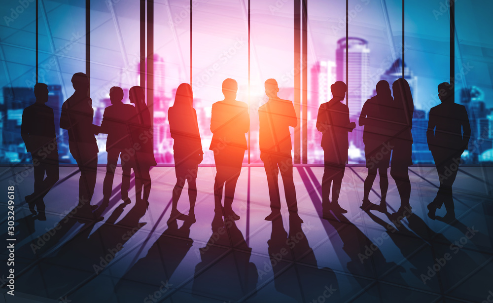 Double exposure image of many business people conference group meeting ...