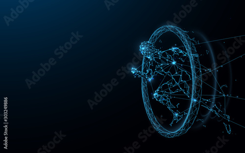 A futuristic man running through a glowing loop time form lines, triangles an...