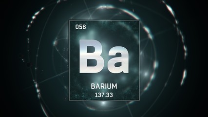 3D illustration of Barium as Element 56 of the Periodic Table. Green illuminated atom design background with orbiting electrons. Design shows name, atomic weight and element number