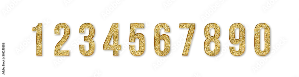 Set of golden numbers. Numbers from 0 to 9 with shimmering glitter isolated on white background. Golden dust, vector illustration, EPS10 - obrazy, fototapety, plakaty 