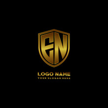 Initial Letters EN Shield Shape Gold Monogram Logo. Shield Secure Safe Logo Design Inspiration