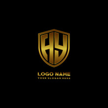 Initial Letters HY Shield Shape Gold Monogram Logo. Shield Secure Safe Logo Design Inspiration