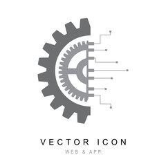 Sticker - Gear with chip. Flat design style, Gear electronic circuit technology icon line Vector illustration.