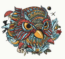 Owl Portrait Vector Illustration. Dark Fairy Tale Art. Old School Tattoo. Magic Bird, Traditional Tattooing Style