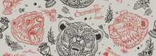 Bear Head Seamless Pattern. Old School Tattoo Style. Vintage Outdoor Art. Aggressive Grizzly Background