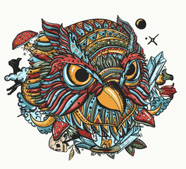 Wall Mural - Owl portrait vector illustration. Dark fairy tale art. Old school tattoo. Magic bird, traditional tattooing style