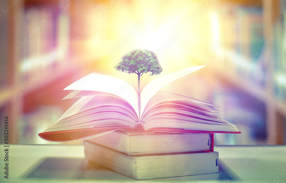 education concept with tree of knowledge planting on opening old big ...