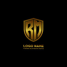 Initial Letters RM Shield Shape Gold Monogram Logo. Shield Secure Safe Logo Design Inspiration