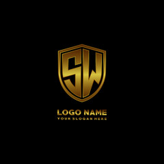 Initial letters SW shield shape gold monogram logo. Shield Secure Safe logo design inspiration