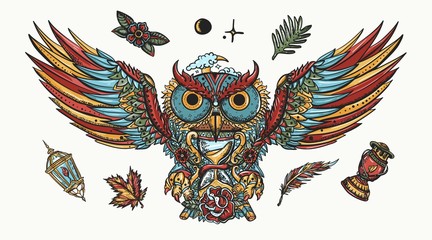 Wall Mural - Owl portrait. Old school tattoo collection. Fairy tale elements.