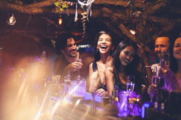 a party of friends in a nightclub at the bar, glamorous young people relax with alcohol.