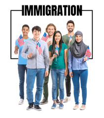 Wall Mural - Group of students with USA flags on white background