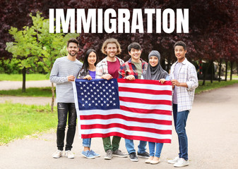 Wall Mural - Group of students with USA flag outdoors