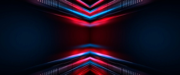 Wall Mural - Background of empty show scene. Empty dark modern abstract neon background. Glow of neon lights on an empty stage, diodes, rays and lines. Lights of the night city.