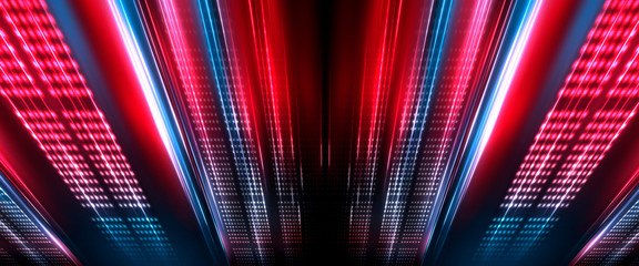 Wall Mural - Background of empty show scene. Empty dark modern abstract neon background. Glow of neon lights on an empty stage, diodes, rays and lines. Lights of the night city.
