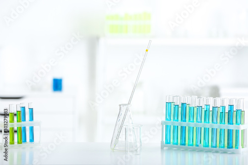 Test tubes with samples on table in laboratory