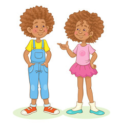 Poster - Cute afro american girl and funny boy are standing together. Isolated on white background In cartoon style. Vector illustration