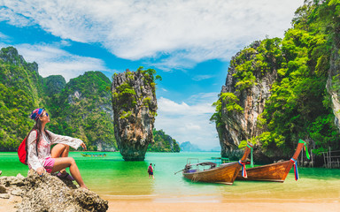 Wall Mural - Traveler woman relaxing on beach joy nature scenic landscape James Bond Island Attraction famous landmark tourist travel Phuket Thailand summer holiday vacation trip Tourism beautiful destination Asia