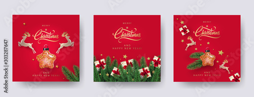 Cuadros en Lienzo Set of Christmas and New Year greeting cards with xmas decoration