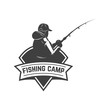 Fishing camp. Emblem template with fisherman. Design element for logo, label, sign, poster. Vector illustration