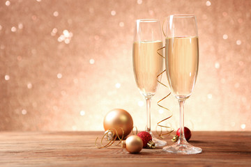 Christmas festive background with champagne in glasses. Place for text. concept holiday, new year, christmas.