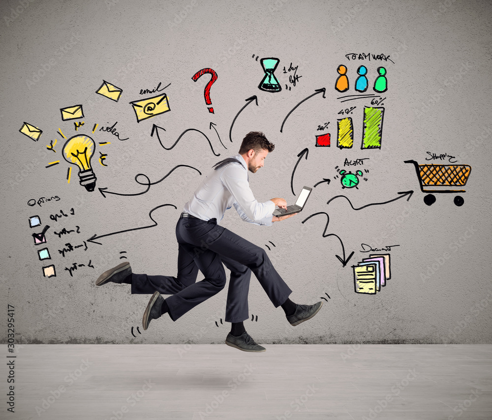 Businessman with four legs runs with too many tasks on laptop. Concept ...