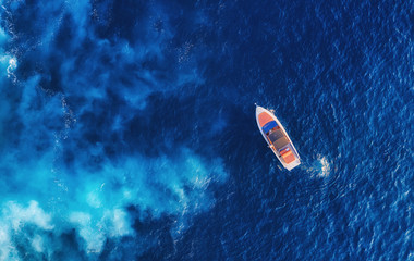 Wall Mural - croatia. aerial view of luxury floating boat on blue adriatic sea at sunny day. yachts at the sea su