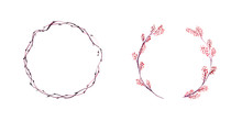 Set Of Two Watercolor Branch Wreathes On White Background.Circle Frame For Your Design.