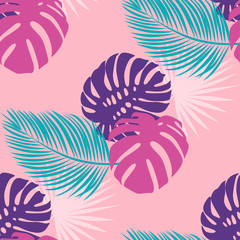 Wall Mural - Exotic leaf on a pink background. Print summer seamless vector pattern wallpaper in trend colors.