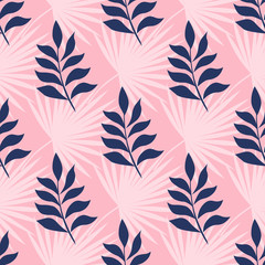 Wall Mural - Exotic leaf on a pink background. Print summer seamless vector pattern wallpaper in trend colors.