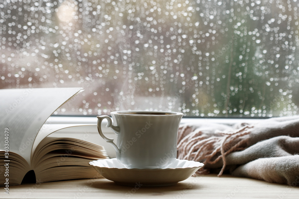 Porcelain cup with hot tea, soft blanket and open book by the window. - obrazy, fototapety, plakaty 