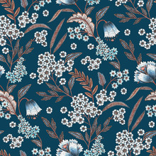 Floral Pattern On Blue Background. Color Pencil Graphics. Seamless Texture. Elegant Template For Fashion Prints. Printing With In Hand Drawn Style