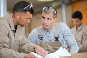 Wall Mural - two men in carpentry workshop