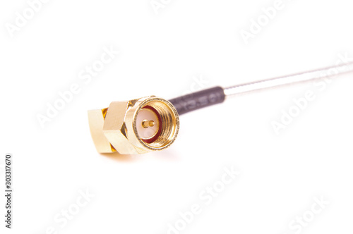Fotografía Coax cable 90 degrees angle gold plated SMA connector close up