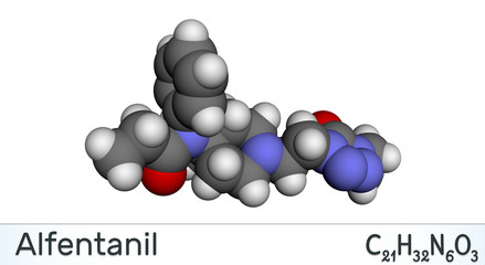 Wall Mural - Alfentanil molecule. It is a potent short-acting synthetic opioid analgesic drug for anaesthesia in surgery. Molecule model