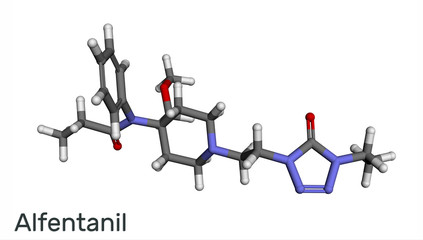 Poster - Alfentanil molecule. It is a potent short-acting synthetic opioid analgesic drug for anaesthesia in surgery. Molecule model