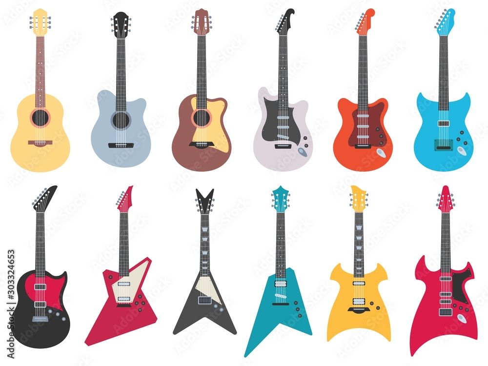 Flat guitars. Electric rock guitar, acoustic jazz and metal strings music instruments. Musical band guitars instrument retro design. Colorful isolated flat vector illustration icons set - obrazy, fototapety, plakaty 