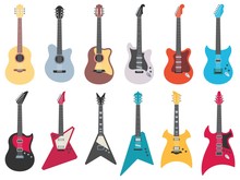 Flat Guitars. Electric Rock Guitar, Acoustic Jazz And Metal Strings Music Instruments. Musical Band Guitars Instrument Retro Design. Colorful Isolated Flat Vector Illustration Icons Set