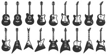 Black And White Guitars. Acoustic Strings Music Instruments, Electric Rock Guitar Silhouette And Stencil Guitars. Musician Equipment, Heavy Metal Concert Guitar. Isolated Icons Vector Set