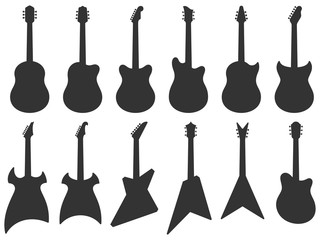 Guitar silhouette. Acoustic Jazz guitars, musical instruments silhouettes and electric rock guitar shape. String concert classical guitars instrument. Isolated vector icons set