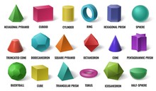 Realistic 3D Color Basic Shapes. Solid Colored Geometric Forms, Cylinder And Colorful Cube Shape. Maths Geometrical Figure Form, Realistic Shapes Model. Isolated Vector Illustration Icons Set