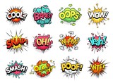 Fototapeta  - Comic sign clouds. Boom bang, wow and cool speech bubbles. Burst cloud expressions, comics mems humor dialogue bubbles or superheroes speak explode. Isolated cartoon vector signs set