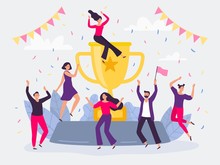 Winners Team. Happy People Win Golden Cup, Successful Champions Dancing And Celebrating Victory. Corporative Winning Award Trophy, Success Team Or Teamwork Wins Flat Vector Illustration
