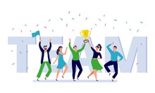 Team Of Corporate People Celebration. Happy Office Workers Celebrate Win Golden Cup, Teamwork Trophy And Success Persons. Businessman Celebration Festival Party Flat Vector Illustration