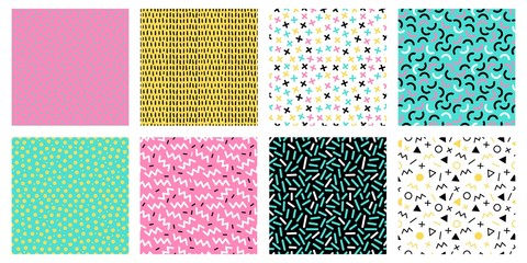 Wall Mural - Colorful memphis seamless patterns. Fashion 80s mosaic texture, color retro textures and geometric lines and dots pattern. 90s hipster memphis wallpaper. Isolated vector icons set