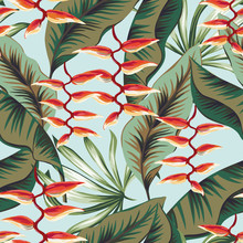Tropical Red Heliconia Flowers, Green Banana Palm Leaves Background. Vector Seamless Pattern. Jungle Foliage Illustration. Exotic Plants. Summer Beach Floral Design. Paradise Nature