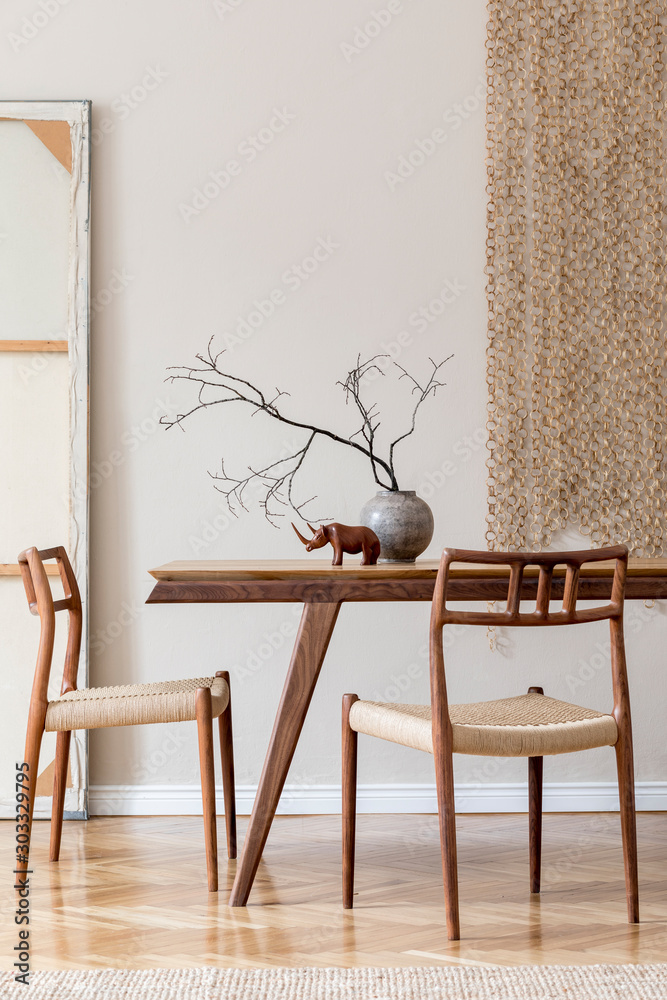 Fototapete Stylish And Beige Interior Of Dining Room With Design Wooden Table And Chairs Vase With Flowers Sculpture Elegant And Rattan Accessories Korean Style Of Home Decor Wooden Parquet Template Followtheflow