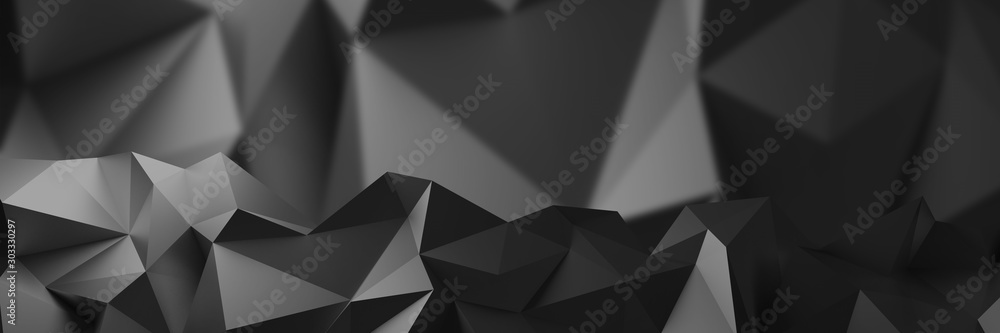 3d ILLUSTRATION, of black abstract crystal background, triangular texture, wide panoramic for wallpaper, 3d black background low poly design - obrazy, fototapety, plakaty 