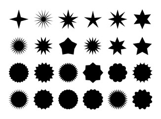 star burst sticker set. black flat price tags explosion silhouettes, starburst retro sale badge. vec