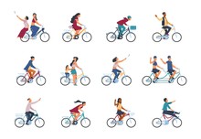 People On Bike. Diverse Active Adults People Characters Riding On Bicycle Isolated On White Background. Vector Cartoon Colour Group Of People With Smartphone Take Photo